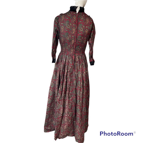 Vintage Victorian Prairie Dress Handmade Paisley Red Green Black Goth - Picture 3 of 12